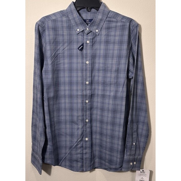 GEORGE NWT Men's Blue Plaid Stretch Poplin Button Down Dress Shirt‎ Small 34-36 - Picture 1 of 10